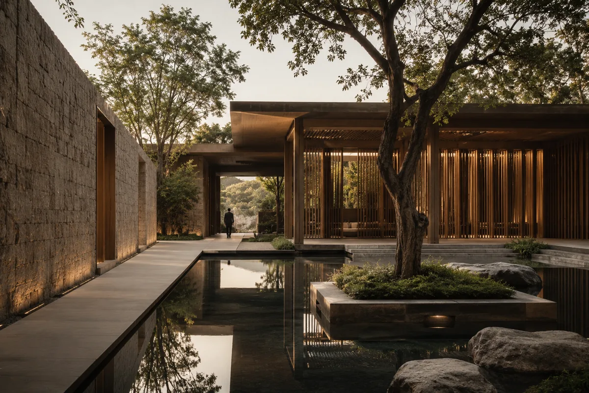 Arquitetura contemporânea rodeada por natureza